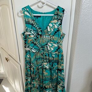 Jones New York Teal Tropical Print V-Neck Midi Dress